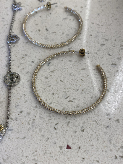 Vintage Juicy Couture Pave Heart Rhinestone Necklace Set Earrings Hoops Gold
