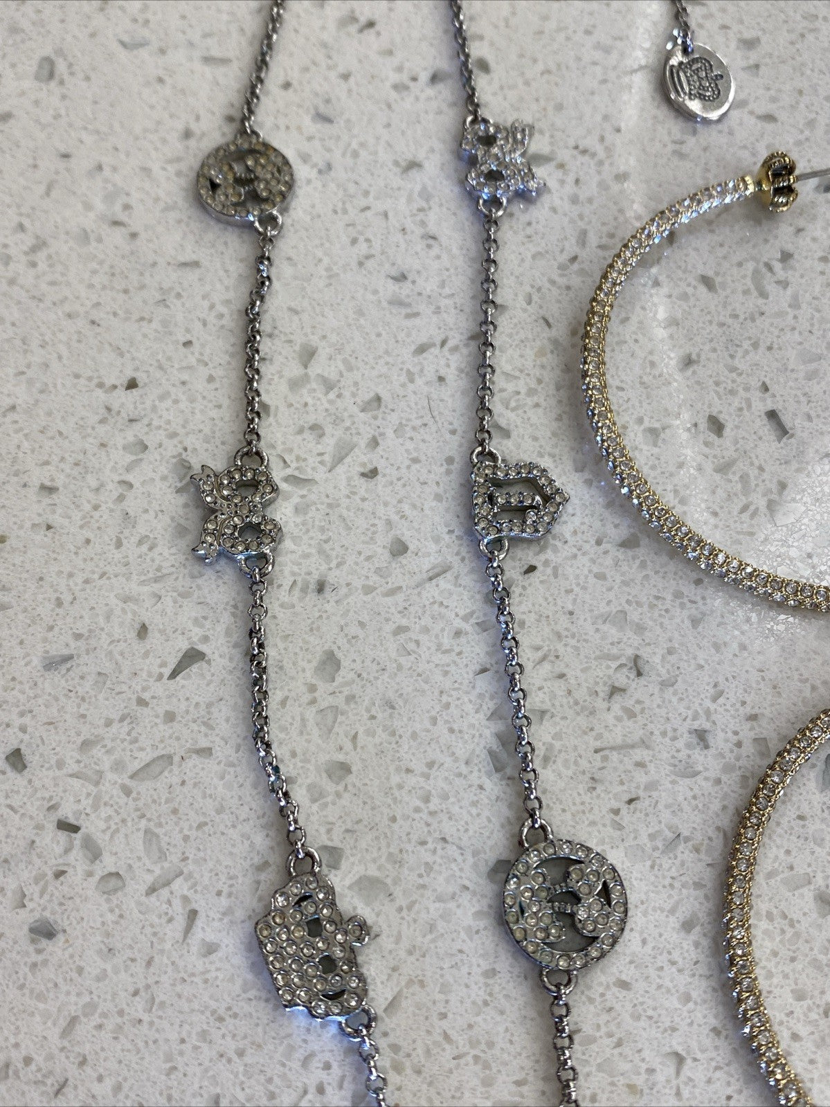 Vintage Juicy Couture Pave Heart Rhinestone Necklace Set Earrings Hoops Gold