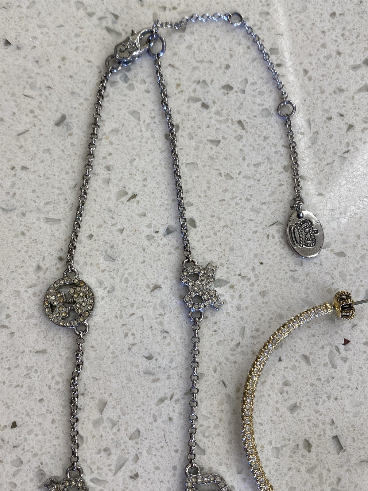 Vintage Juicy Couture Pave Heart Rhinestone Necklace Set Earrings Hoops Gold