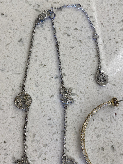 Vintage Juicy Couture Pave Heart Rhinestone Necklace Set Earrings Hoops Gold
