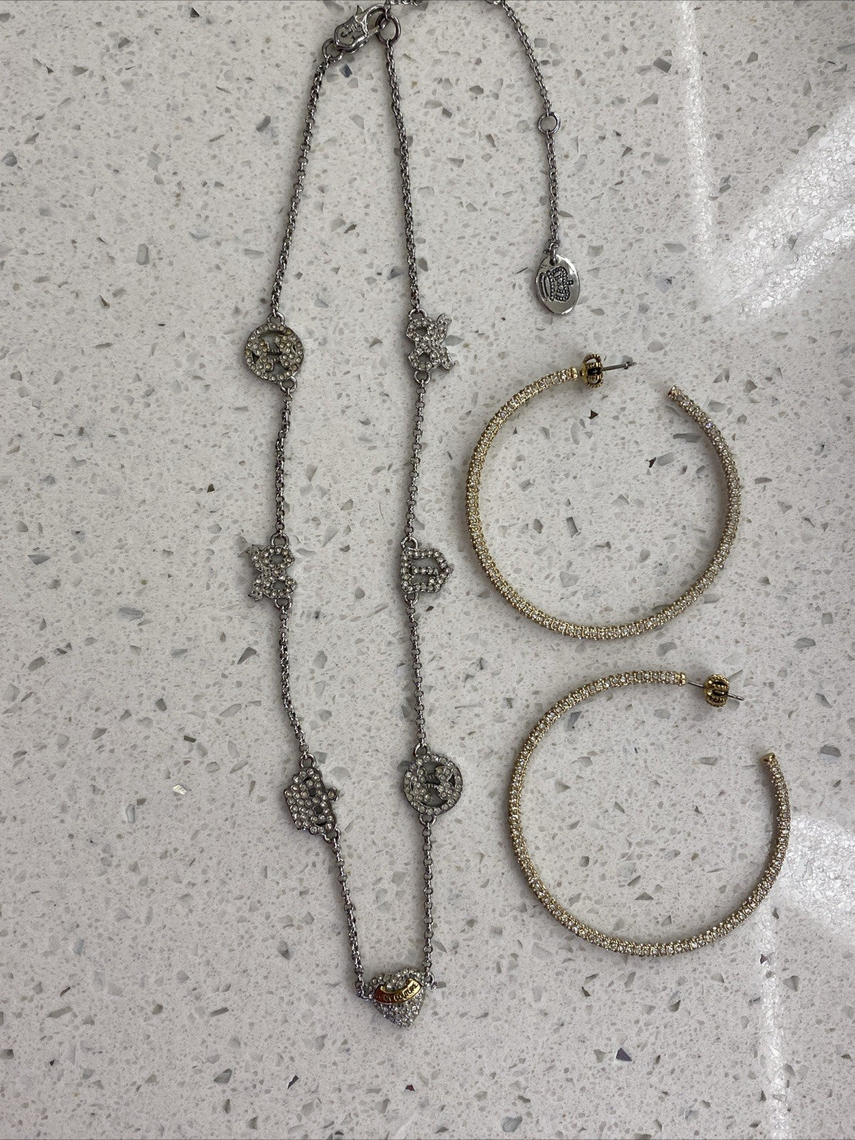 Vintage Juicy Couture Pave Heart Rhinestone Necklace Set Earrings Hoops Gold