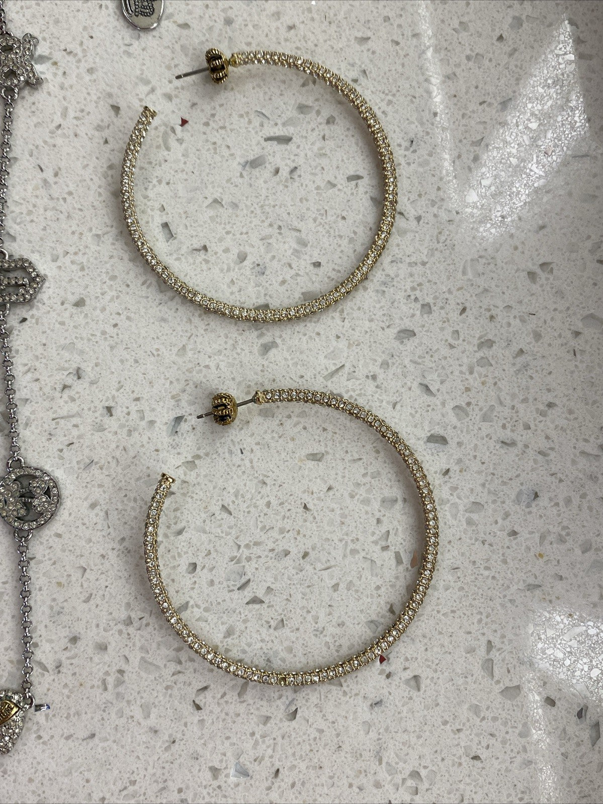 Vintage Juicy Couture Pave Heart Rhinestone Necklace Set Earrings Hoops Gold