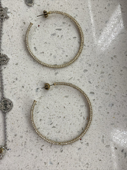Vintage Juicy Couture Pave Heart Rhinestone Necklace Set Earrings Hoops Gold