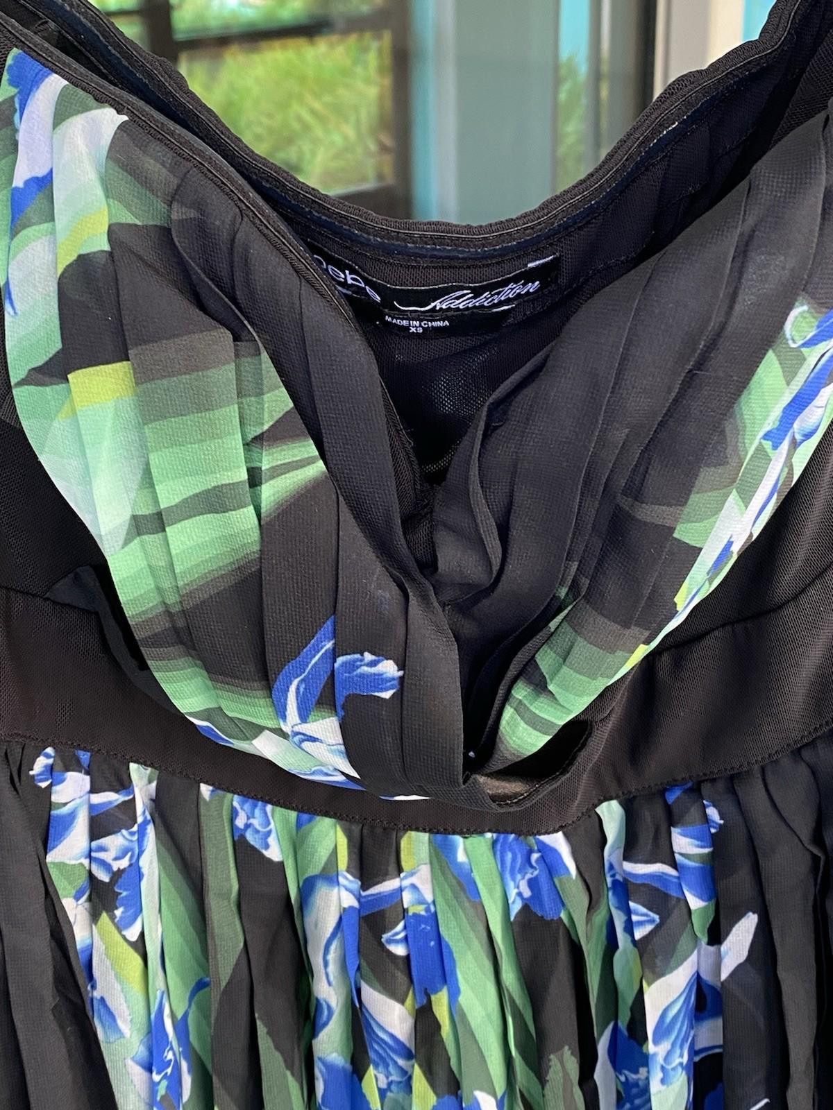 Bebe Addiction Black Blue Green Long Maxi High Low Dress Sweetheart Neckline XS