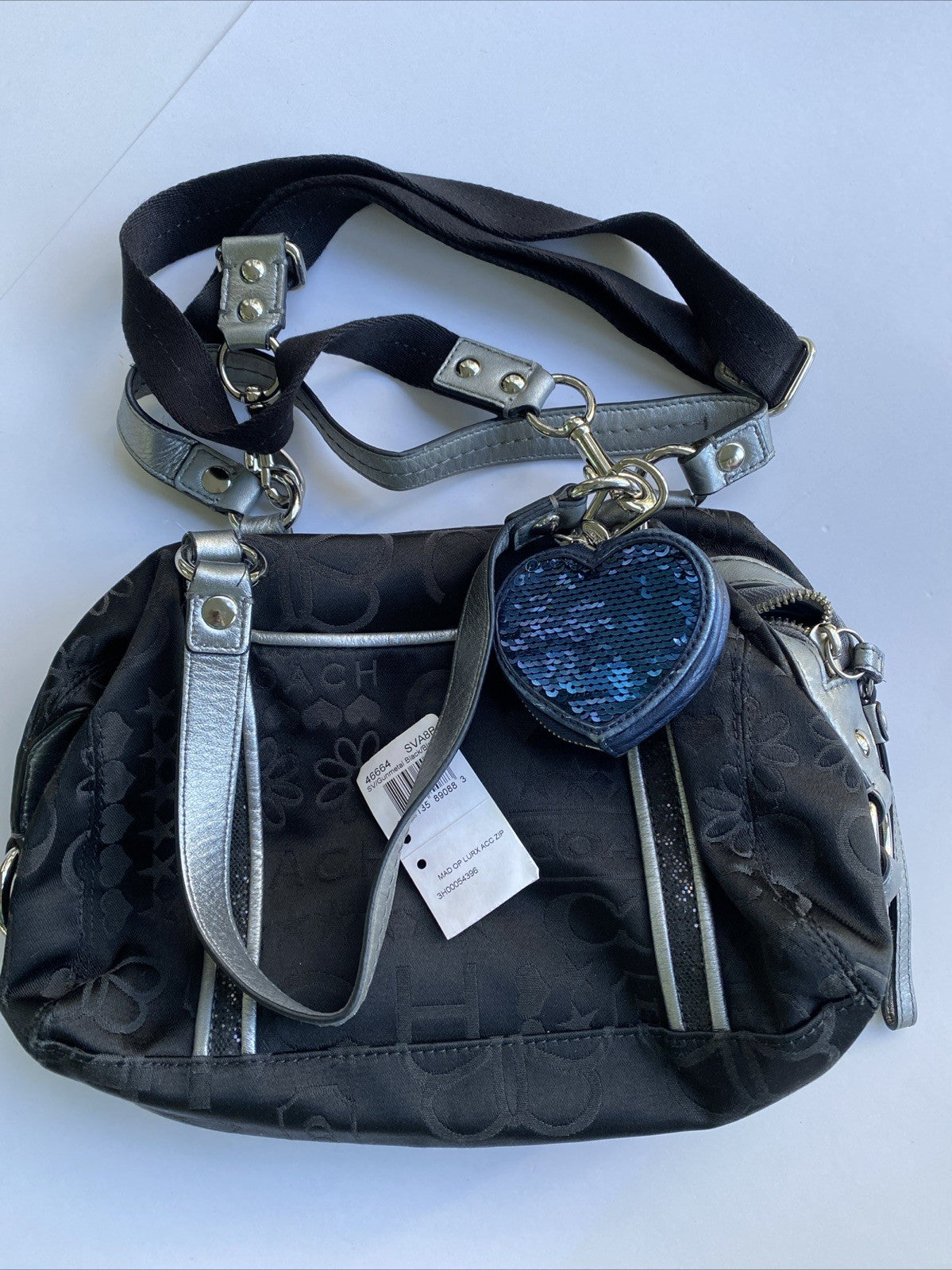 Vintage Coach Handbag Bag Black Gunmetal Satiny Print Glitter & Coin Purse Heart