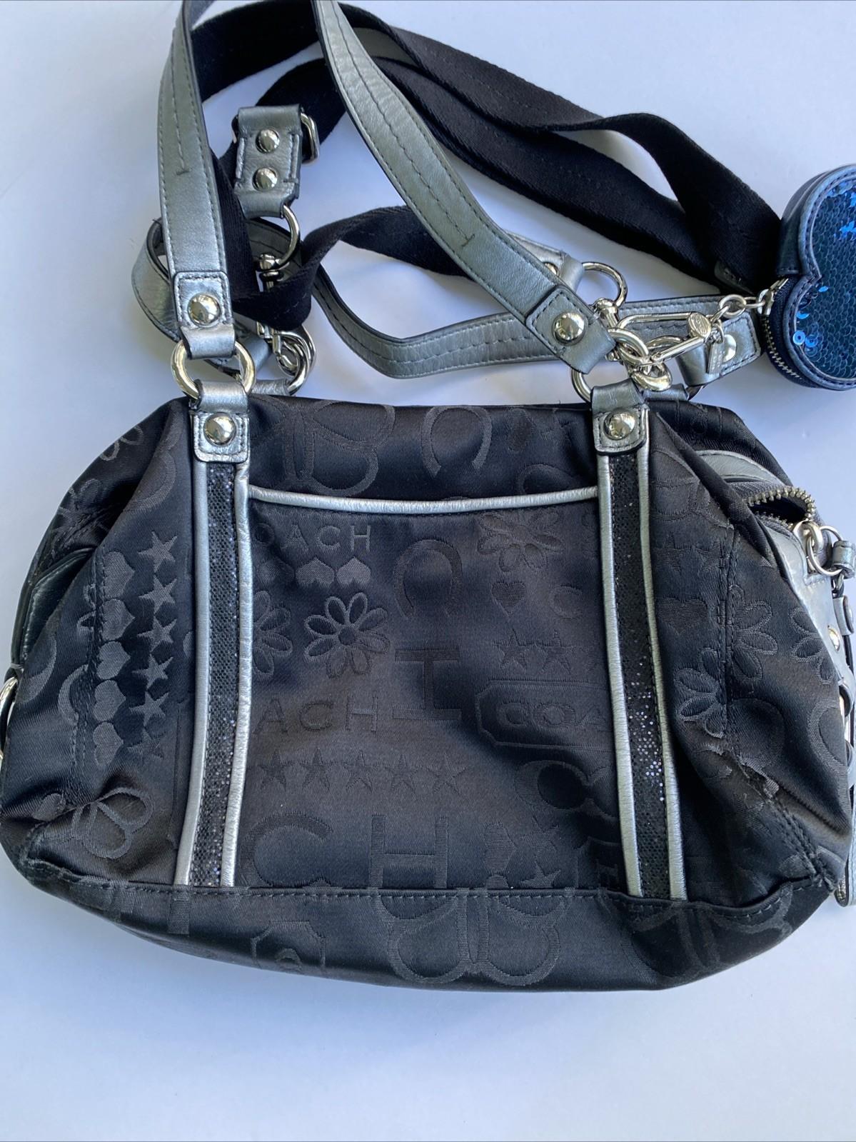 Vintage Coach Handbag Bag Black Gunmetal Satiny Print Glitter & Coin Purse Heart