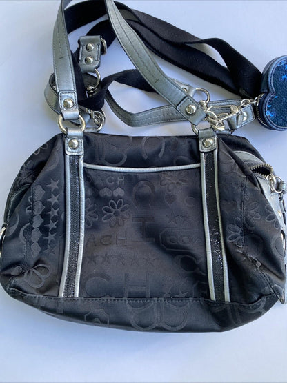 Vintage Coach Handbag Bag Black Gunmetal Satiny Print Glitter & Coin Purse Heart