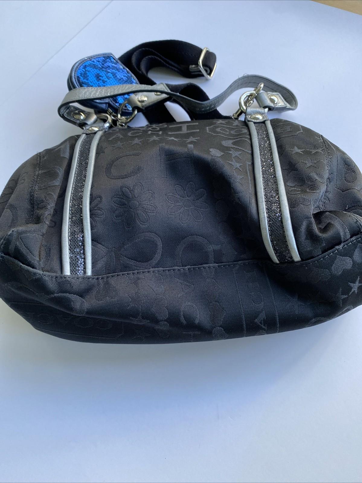 Vintage Coach Handbag Bag Black Gunmetal Satiny Print Glitter & Coin Purse Heart