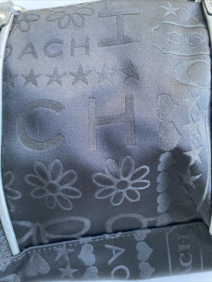 Vintage Coach Handbag Bag Black Gunmetal Satiny Print Glitter & Coin Purse Heart