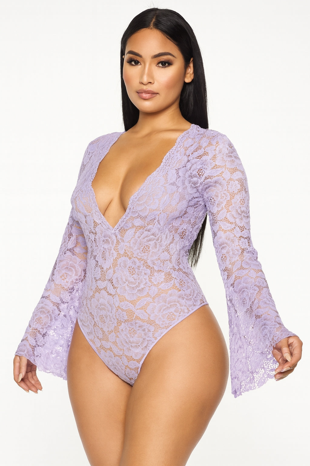 Shirley of Hollywood Stretch Lace Bodysuit Teddy Long Sleeve Lavender