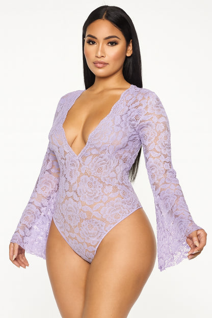 Shirley of Hollywood Stretch Lace Bodysuit Teddy Long Sleeve Lavender
