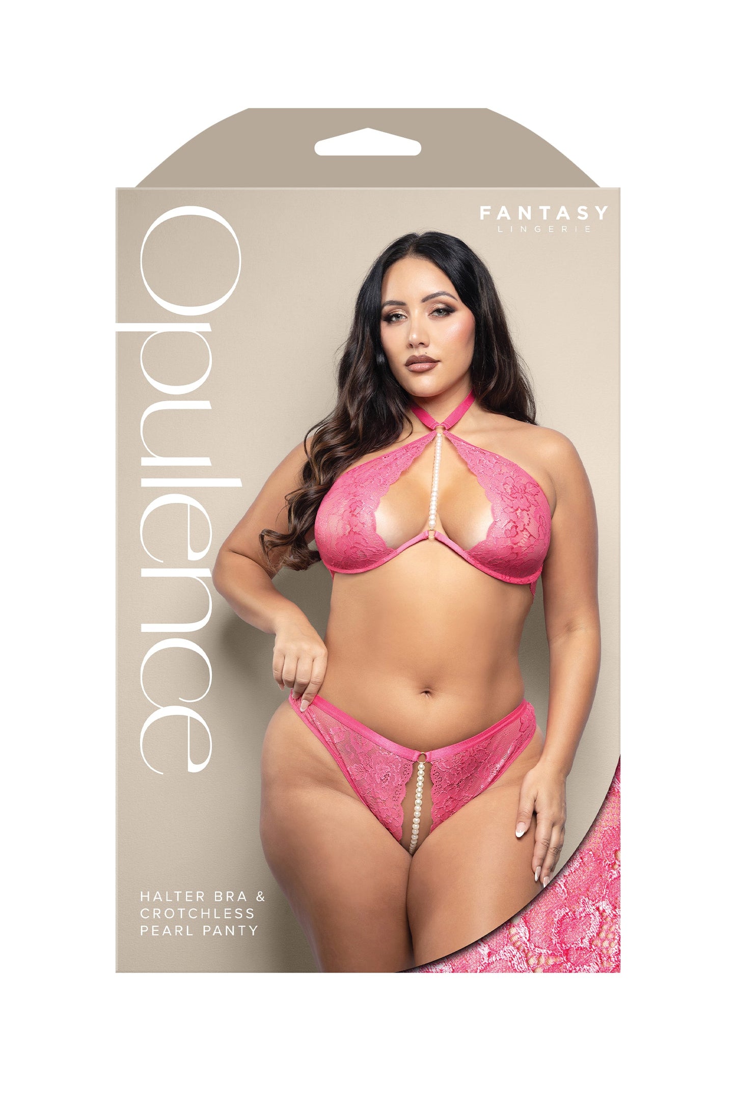 Fantasy Opulence Halter Bra & Crotchless Pearl Panty Hot Pink