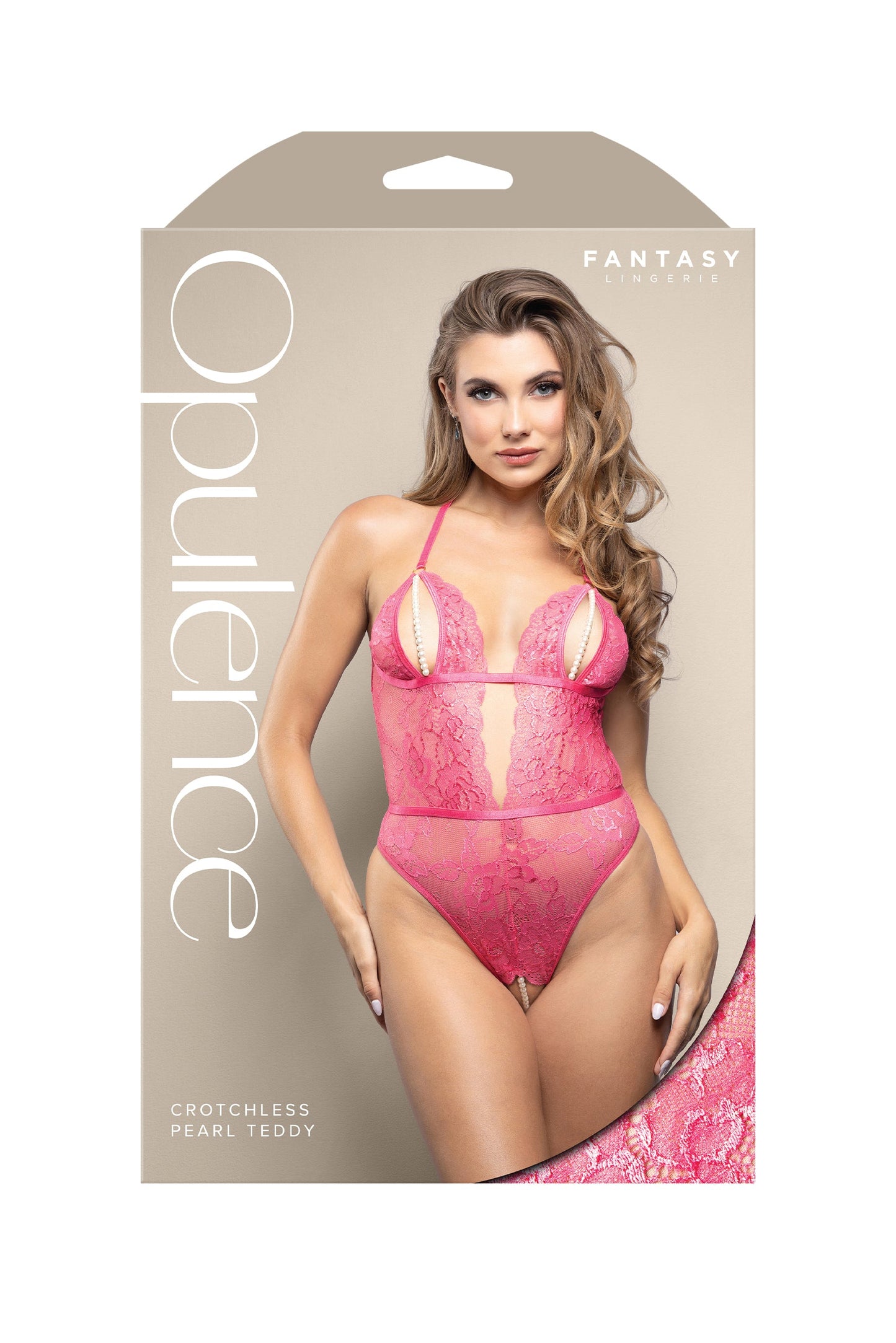 Fantasy Opulence Crotchless Pearl Teddy Hot Pink