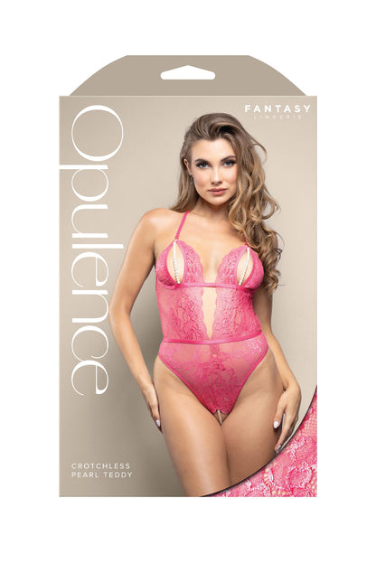 Fantasy Opulence Crotchless Pearl Teddy Hot Pink