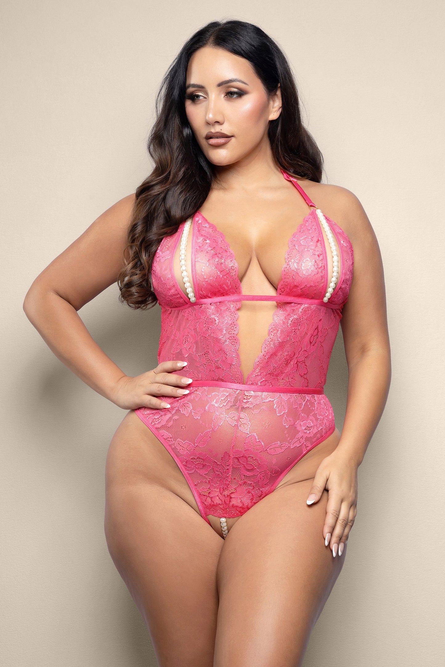 Fantasy Opulence Crotchless Pearl Teddy Hot Pink