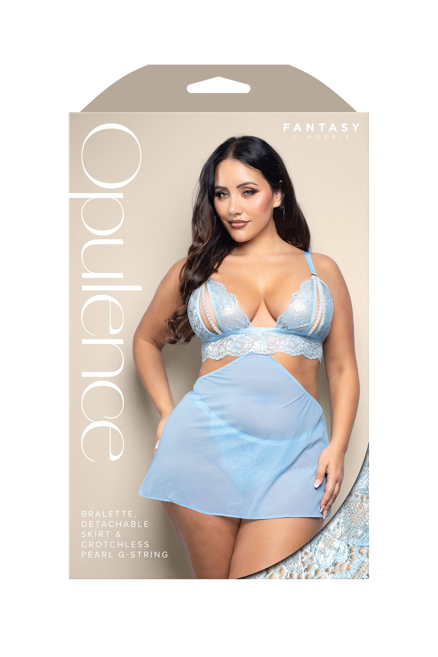 Fantasy Opulence Bralette, Detachable Skirt & Crotchless Pearl G-String Light Blue
