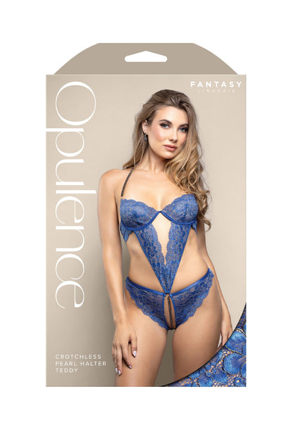 Fantasy Opulence Crotchless Pearl Halter Teddy Royal Blue
