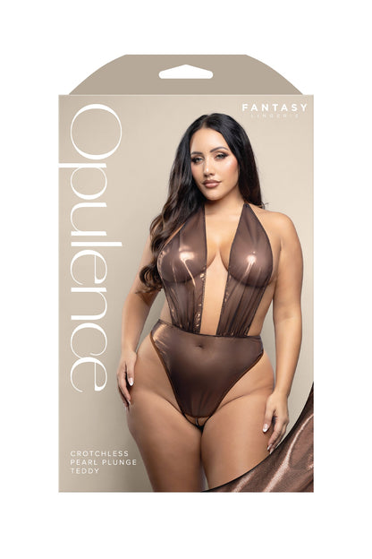 Fantasy Opulence Crotchless Pearl Plunge Teddy Chocolate Metallic Foil Mesh