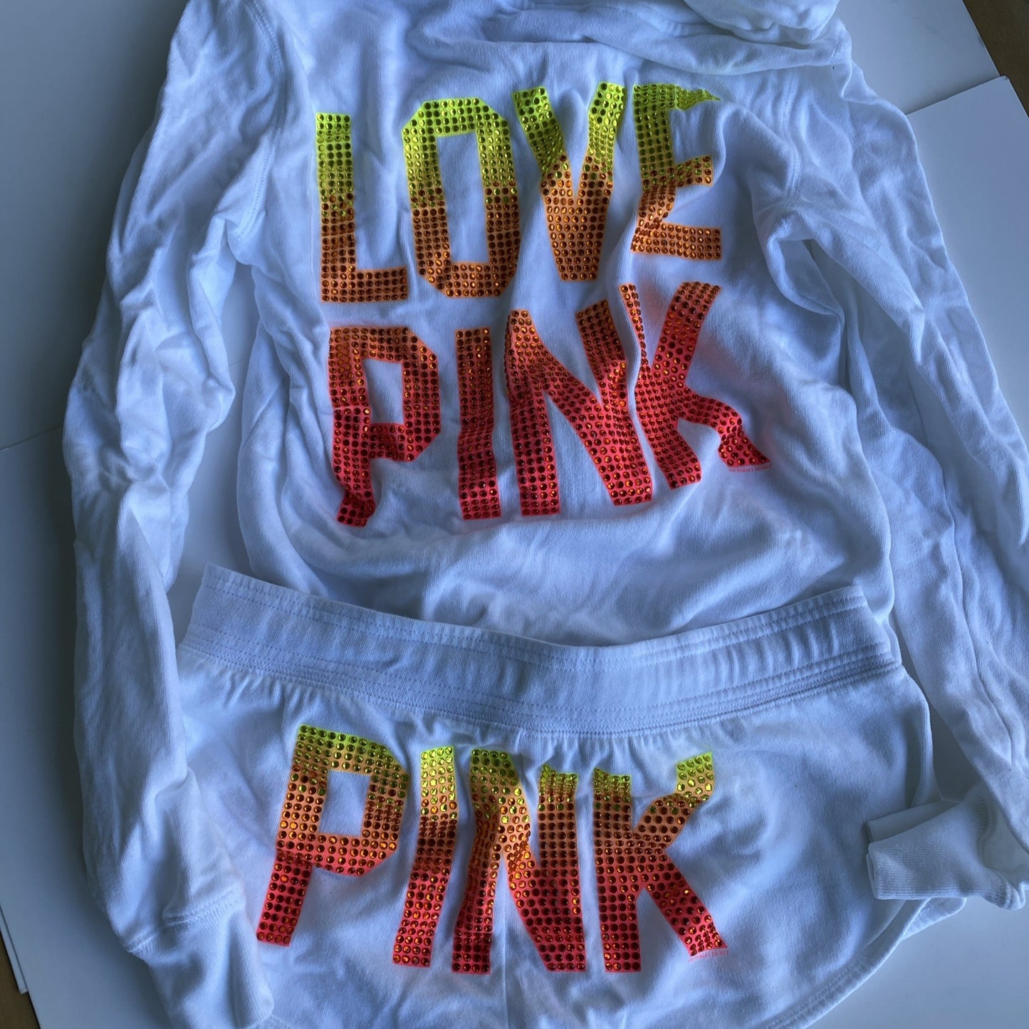 Victoria Secret PINK Ombre Rhinestone Logo Zipper Hoodie Shorts Set White
