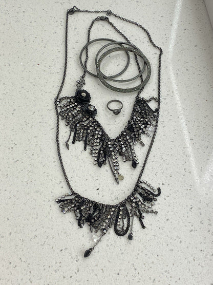 Rare Set Juicy Couture Vtg Gunmetal Pave Rhinestone 2 Necklaces 1 Ring 3 Bangles