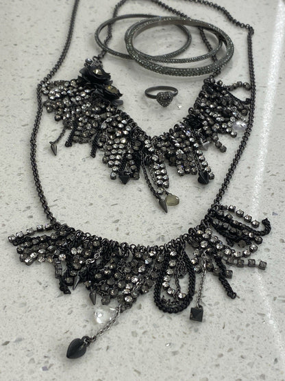 Rare Set Juicy Couture Vtg Gunmetal Pave Rhinestone 2 Necklaces 1 Ring 3 Bangles