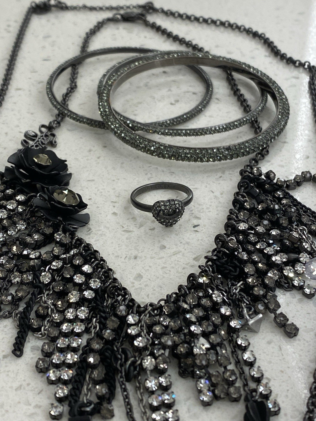 Rare Set Juicy Couture Vtg Gunmetal Pave Rhinestone 2 Necklaces 1 Ring 3 Bangles