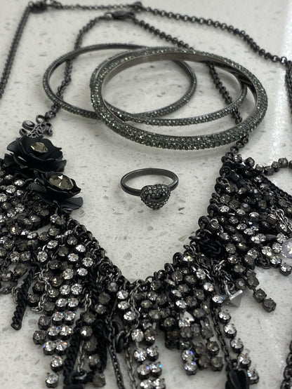 Rare Set Juicy Couture Vtg Gunmetal Pave Rhinestone 2 Necklaces 1 Ring 3 Bangles