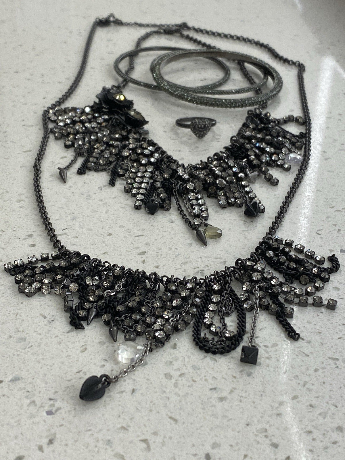 Rare Set Juicy Couture Vtg Gunmetal Pave Rhinestone 2 Necklaces 1 Ring 3 Bangles