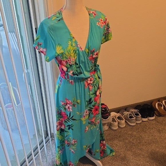 Tommy Bahama Turquoise and Pink Floral High Low Wrap Dress - Small