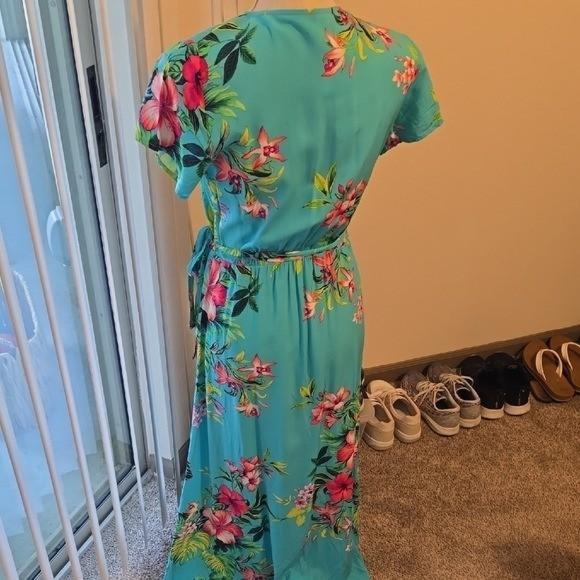 Tommy Bahama Turquoise and Pink Floral High Low Wrap Dress - Small