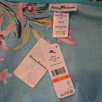 Tommy Bahama Turquoise and Pink Floral High Low Wrap Dress - Small