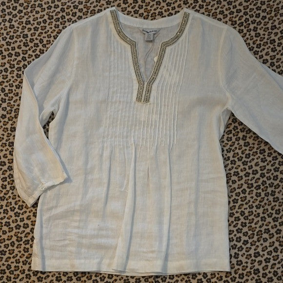 Tommy Bahama LINEN White Tunic with Beaded Neckline - Small