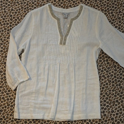 Tommy Bahama LINEN White Tunic with Beaded Neckline - Small