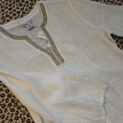 Tommy Bahama LINEN White Tunic with Beaded Neckline - Small