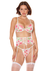 Coquette Secret Garden Bra, Garter Belt & G-String White