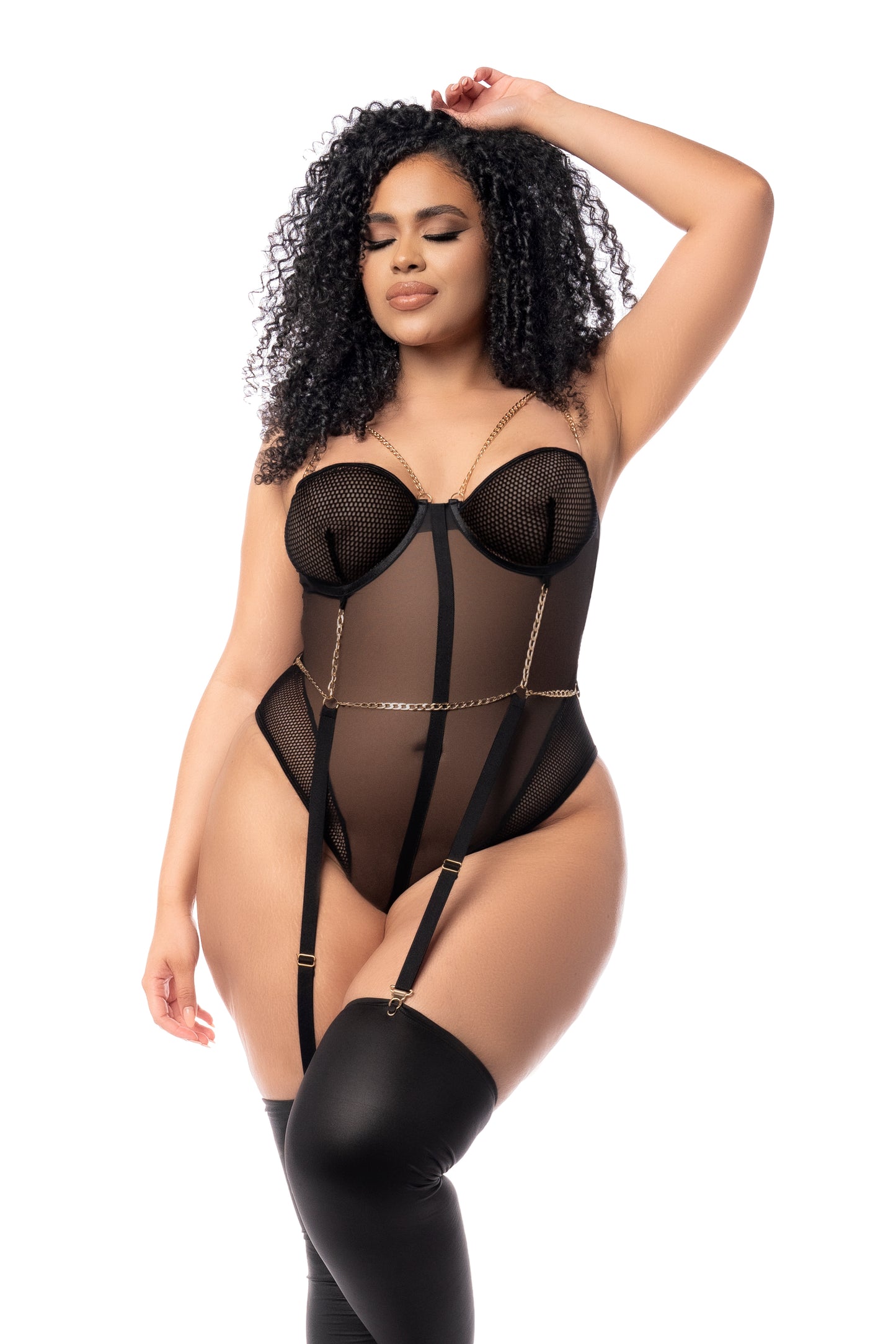 Mapale Lingerie Queen Mesh Bodysuit w/Gold Chain Detail Black