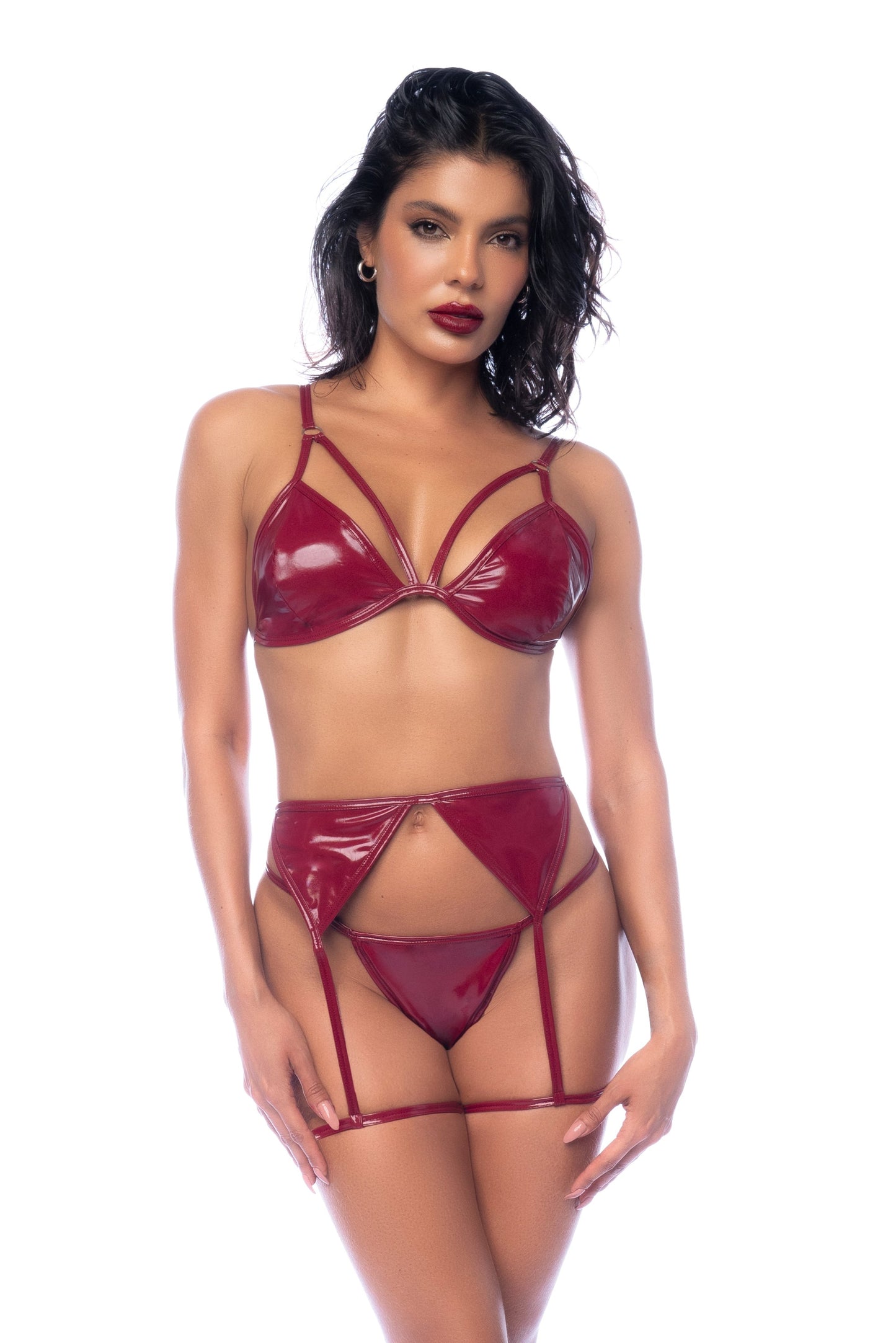 Mapale Edgy Vinyl Bralette Bra Set Gloss Wine