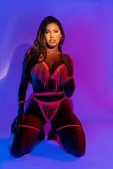 Mapale Glow Fringe Open Cups Bra Set Wet Look Pink