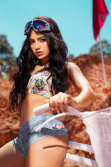 Mapale Festival Triangle Top and Denim Print Shorts Set Bohemian Mystique