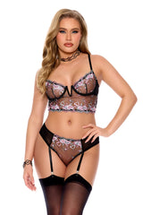 Elegant Moments Sheer Embroidered Mesh V Wire Bra Set Black Hearts