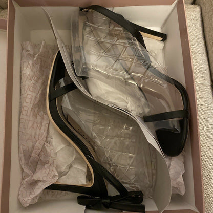Deltan Heels Miranda Black Leather Dress Sandals Shoes with Bow Size 8 Medium