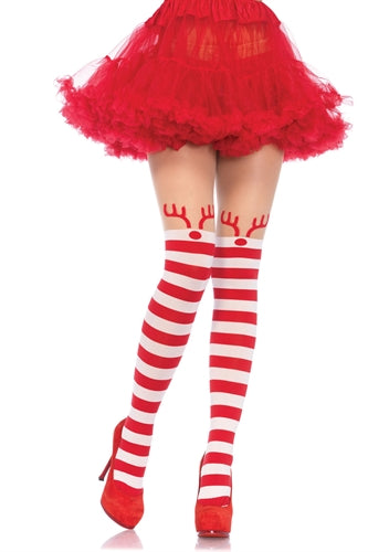 "Rudolph Reindeer Opaque Striped Pantyhose With Sheer Thigh High Accent LA-7945"