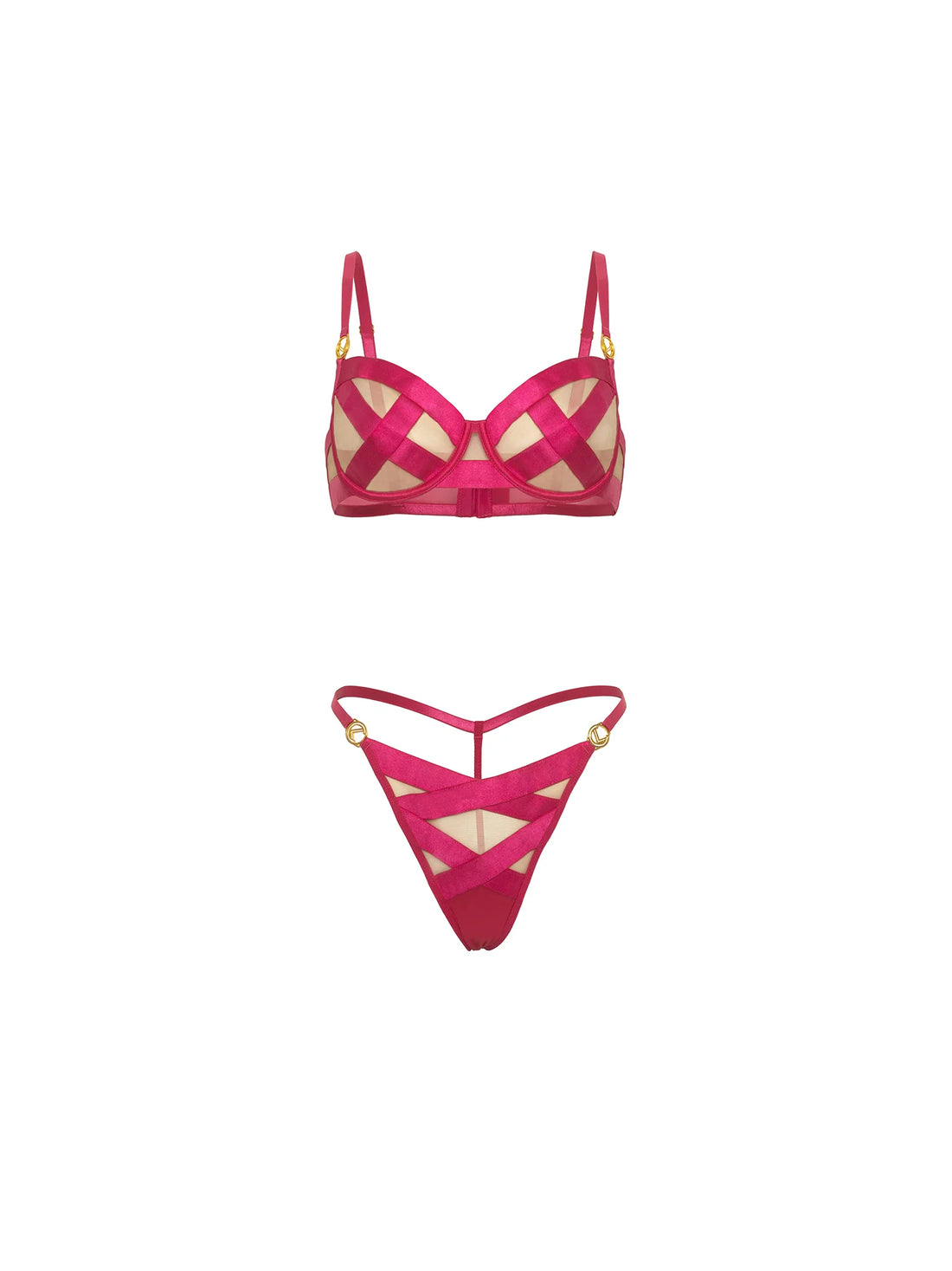 Oh la la Cheri Raelynn Satin Strappy Bandage Underwire Bra Set Pink Yarrow
