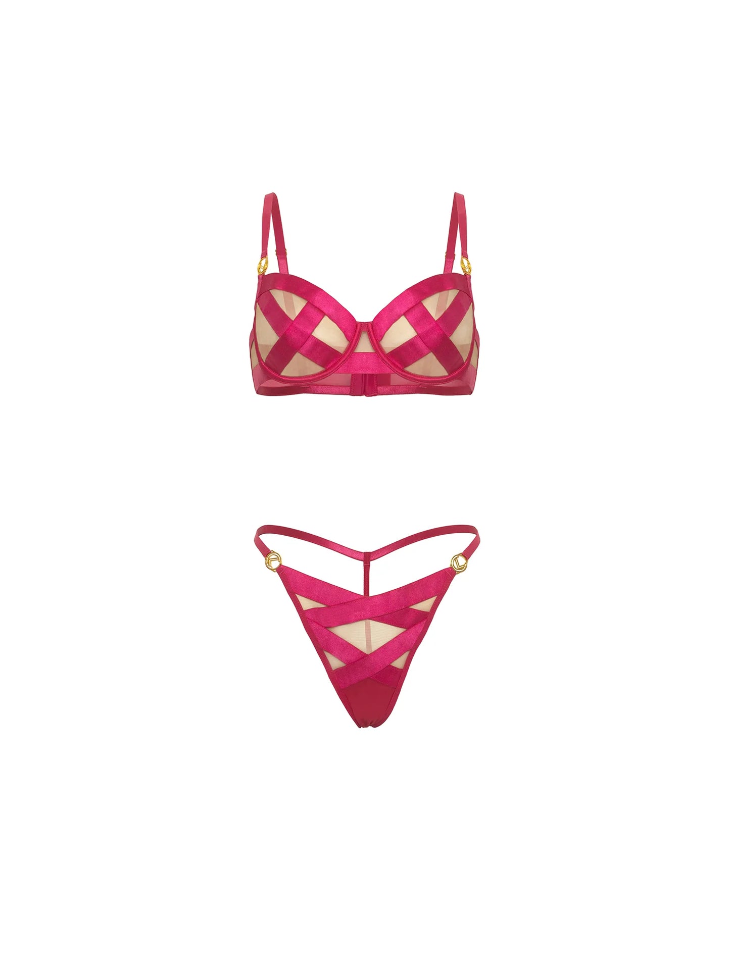 Oh la la Cheri Raelynn Satin Strappy Bandage Underwire Bra Set Pink Yarrow