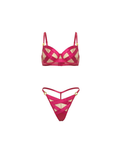 Oh la la Cheri Raelynn Satin Strappy Bandage Underwire Bra Set Pink Yarrow