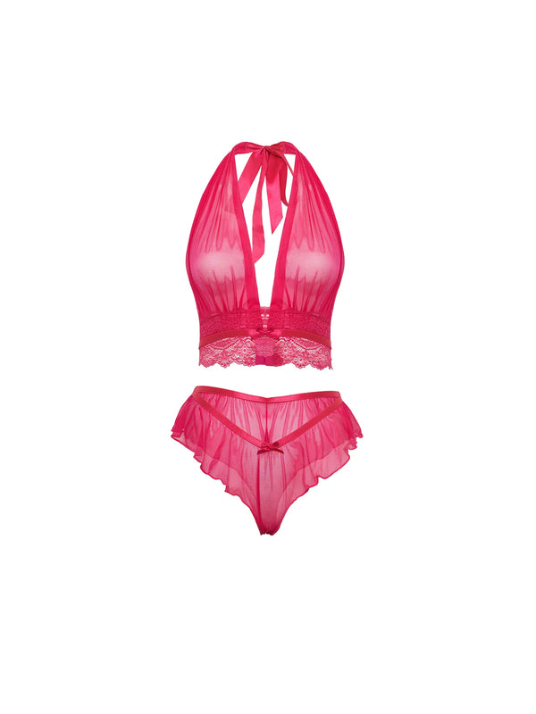 Oh la la Cheri Valentines Maylah Sheer Bra Set Mesh & Lace Halter - Pink