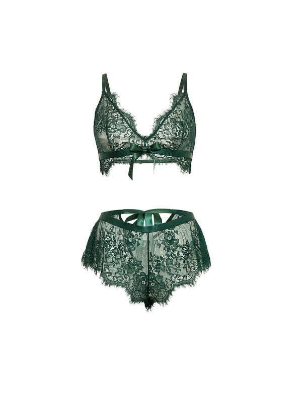Oh la la Cheri Cami Lace Bralette Tap Shortie Bra Set Green