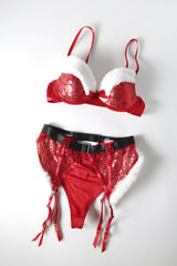 Oh la la Cheri Pepermint Twist Sequin 2pc Set with Marabou Trim and Gartered Panty Red/Bright White
