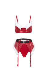Oh la la Cheri Pepermint Twist Sequin 2pc Set with Marabou Trim and Gartered Panty Red/Bright White