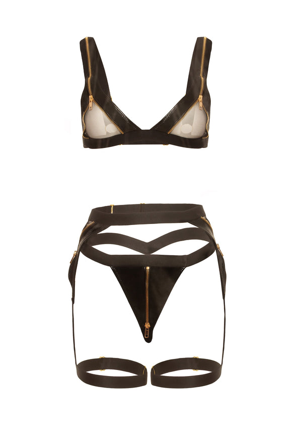 Exposed Zippered Gartered Bra Set